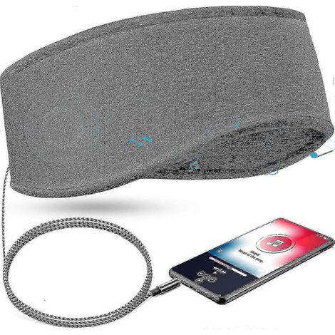 Bandeau de sommeil musical avec écouteurs intégrés, bandeau de voyage souple et élastique avec fil de 3,5 mm et haut-parleur fin, écouteurs musicaux confortables pour dormir (gris) (1/5)