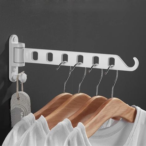 Etendoir Mural Rabattable, Portant a Vetement 180°Rotation Pliant Porte Manteau Mural pour Salle Bain,Balcon,Buanderie (Blanc, 6 Trous 1Pcs) (1/5)