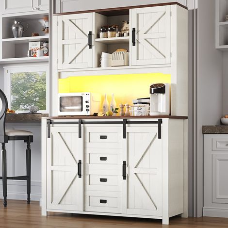 Meuble de cuisine 115 x 40 x 175 cm, armoire haute avec portes coulissantes et éclairage led, noir et blanc (1/5)