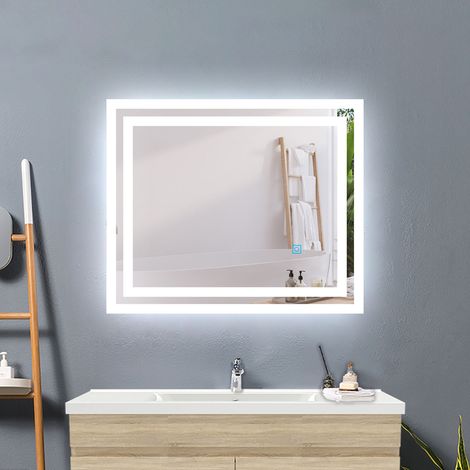 Acezanble 90 x 70 cm miroir de salle de bain anti-buée, miroir mural cosmétique lumineux, miroir LED avec éclairage,interrupteur tactile