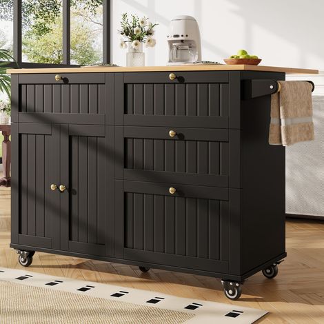 Chariot de cuisine noir avec plateau effet bois – porte pliante sécurisée, rangements intégrés, mode mobile ou fixe – pour cuisine, salon ou salle à manger (1/5)