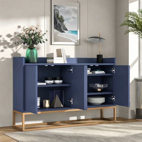 Buffet bleu 4 portes en MDF–120 x 30 x 80 cm–Étagères réglables–Pieds dorés–Conception sans poignée–Moderne–Pour salon–Cuisine–Salle à manger (1/5)
