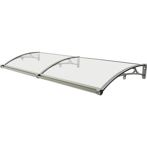 Auvent de porte‑fenêtre bombé, 200 × 60 cm, auvent d’entrée toit marquise avec gouttière, protection contre la pluie, grêle et soleil, pour maison fenêtre et balcon - transparent et argenté (1/5)
