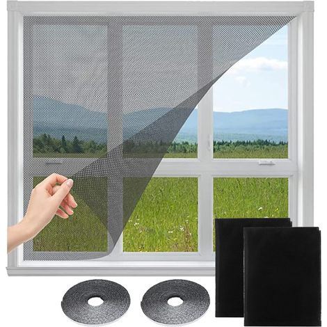 Moustiquaire Fenêtre Écran Filet Insecte en Maille Avec 4 Auto Rubans Adhésifs 150 x 180 cm 2 Pièces 180 cm 150 x Noir (1/5)