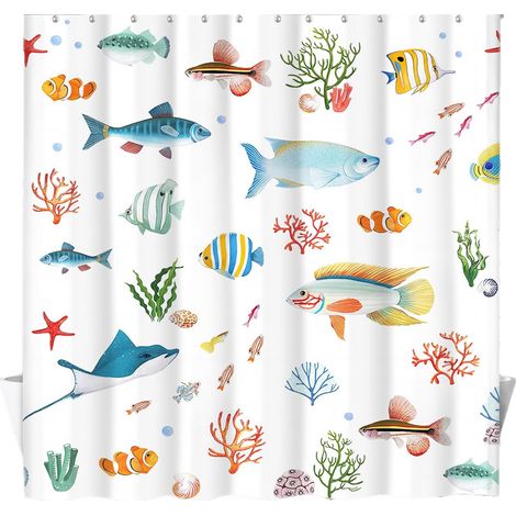 Duschvorhang mit tropischen Fischen, 180 x 180 cm, für Kinder, aus Polyestergewebe, schimmelresistent, wasserdicht, waschbar, inklusive 12 Haken für die Badewanne, Farbe (1/5)