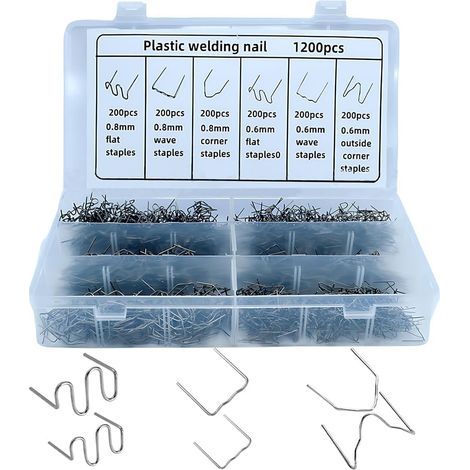 Kit de soudage plastique automobile de 1200 pièces, 6 formes assorties, 0,6-0,8 mm, baguettes de soudage à chaud avec boîte de rangement, kit de réparation d'agrafes (1/3)