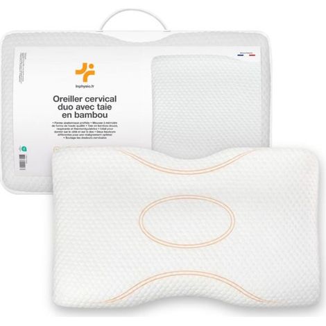 Oreiller ergonomique DUO - Mousse à mémoire de forme - Ajustable 10/12 cm - Hypoallergénique - taie en bambou
