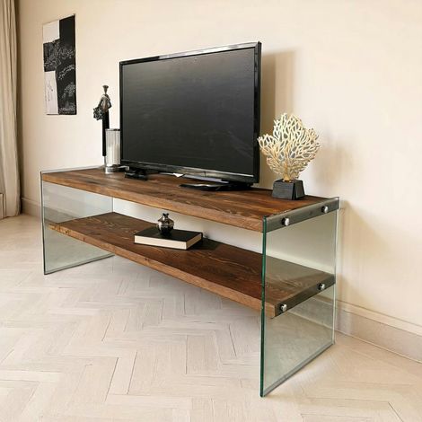 Meuble TV en bois marron et verre - 2 niveaux LHASA (1/5)