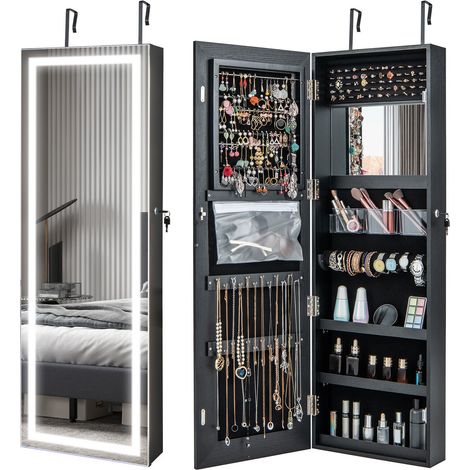 COSTWAY 120cm LED Mirror Jewelry Cabinet Hanging Jewelry Organizer Mirror Black (1/5)