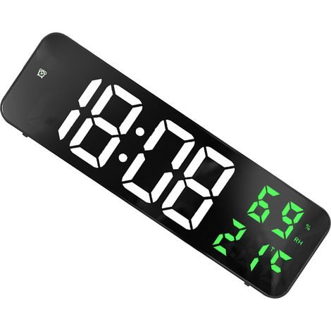 Large LED Mirror Digital Clock, Electronic Alarm Clock for Home, Large Display, Plug-in Clock, Wall Mountable, White and Green (1/5)