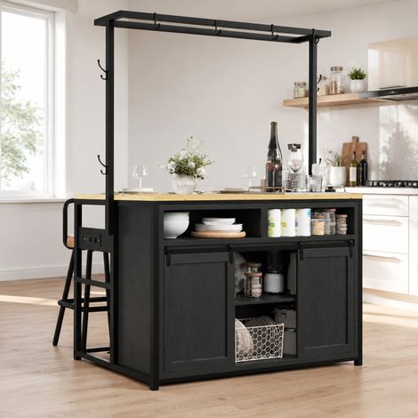 Meuble de cuisine avec 2 tabourets de bar, îlot de cuisine avec prise, MDF et métal, noir HAVRYA (1/5)