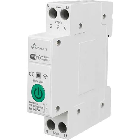 Nivian Smart Home - Interruttore guida DIN WiFi con misuratore di consumo – Controllo remoto tramite app, protezione elettrica 1-63 A, automazioni, Alexa e Google