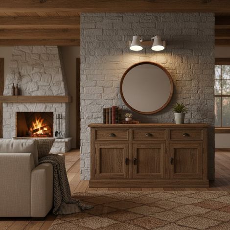 Lampada da parete in legno e ceramica smaltata con 2 faretti