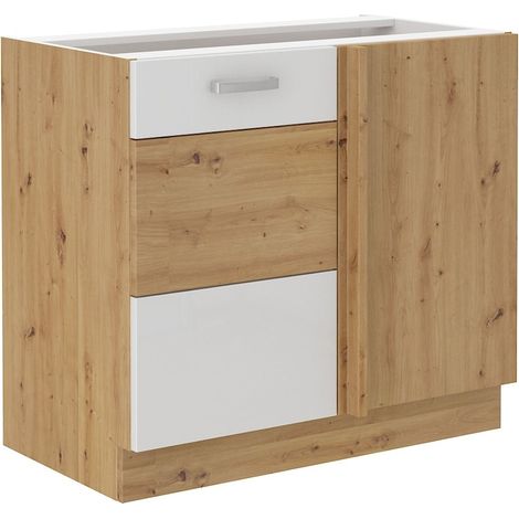 Eckunterschrank 105 cm Eiche Artisan + Weiss Hochglanz Küchenzeile Küchenblock (1/4)