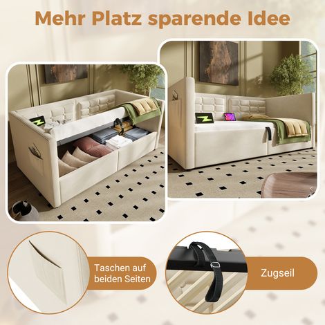 Canapé convertible une place 90x200 cm, beige velours, avec coffre de rangement hydraulique, ports USB et Type-C, sommier à lattes en bois, clic-clac d'appoint sans matelas, tissu rembourré. (1/5)