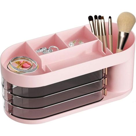 Scatola porta cosmetici KZQ, espositore per cosmetici, portagioie, espositore per cosmetici antipolvere con 3 cassetti, adatto per camera da letto e bagno. (1/4)