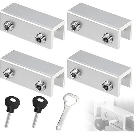 4 Pièces Verrou Baie Coulissante, Serrure de Fenêtre en Aluminium Argent Réglable, Bloc Porte Coulissante Adaptée aux Portes Coulissantes et Fenêtres d'une Épaisseur de 1–16 mm, Inclut 2 Clés (1/5)