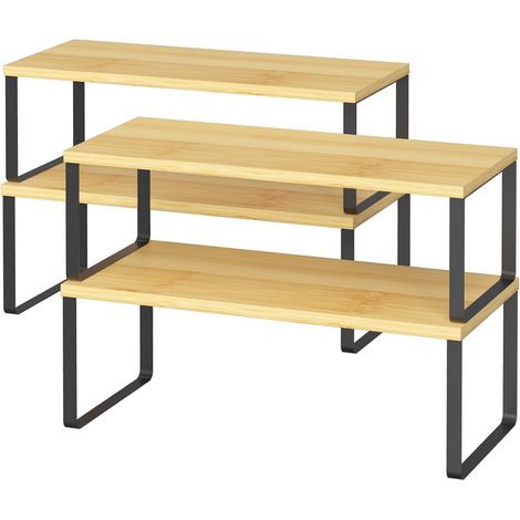 Kitchen Shelves Stackable Bamboo Metal Storage Rack Adjustable Storage for Kitchen, Bathroom, Office, Width 39.5cm, Black/Natural 4 Pack