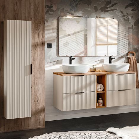 Conjunto de muebles con lavabo doble 140cm 2 compartimientos y columna Adriel Cachemira y Madera (1/4)