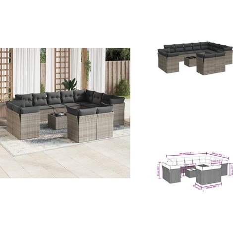 13-tlg. Garten-Sofagarnitur mit Kissen Grau Poly Rattan - Gartenmöbel Set - PE-Rattan Möbel - Outdoor Sofa - Esstisch - Lounge Garnitur (1/3)