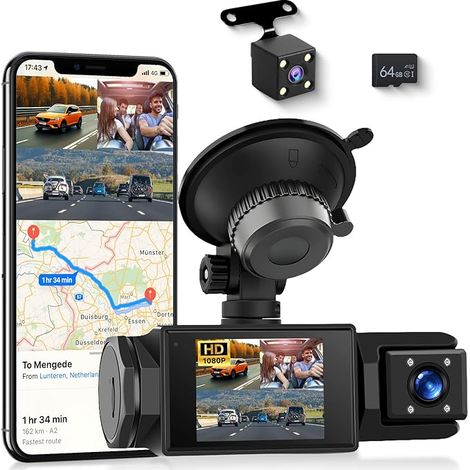 Caméra embarquée WiFi pour voiture – Caméra sans fil 3 canaux avec application, caméra avant et arrière, Full HD 1080p, écran IPS 2 pouces, vision nocturne, détection de mouvement, enregistrement en b (1/5)