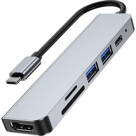 Hub 6 in 1 da USB-C a USB-A, USB-C, HDMI, Micro SD/TF/SD, splitter - Grigio (1/5)
