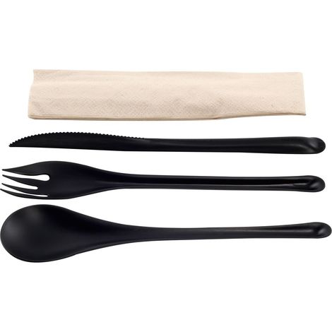 EKO Kit couvert noir 4 en 1 en CPLA : couteau + fourchette + cuillère + serviette kraft - 500 unités - Betik