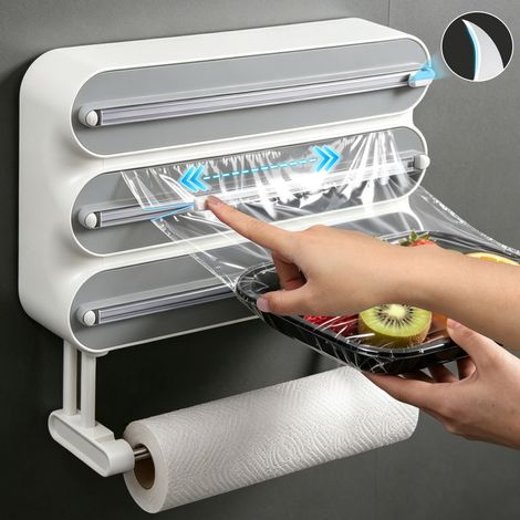 Distributeur mural 3 en 1 – Dévidoir pour essuie-tout, film alimentaire, papier aluminium et papier sulfurisé - Découpe nette et rapide