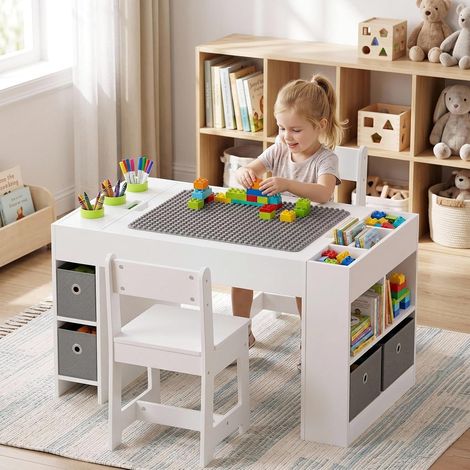 Kindertisch mit 2 Stühlen, Kindertisch Multifunktion mit Bauplatte
Spieltisch mit Stauraum, Kindersitzgruppe mit Wendbarer Tischplatte, Maltisch mit Tafel, für Kinder ab 3 Jahre, Weiß (1/5)