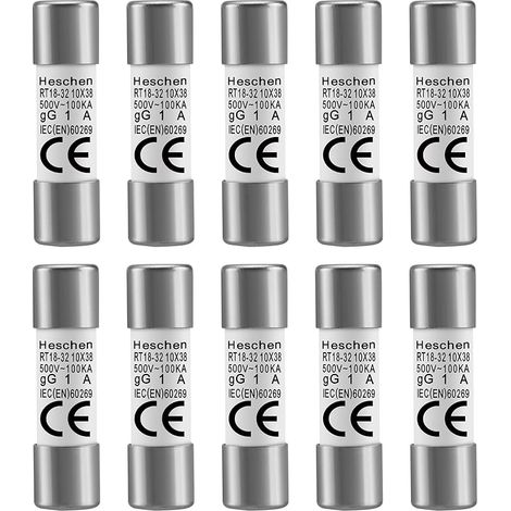 Tube cylindrique en céramique fusible Lien, RT18-32 (Ro15), 10  38 mm, 1A 500V, CE, Lot de 10