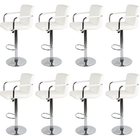 Aqrau Lot de 8 Tabourets de bar avec dossier, accoudoir, chromé, rotation à 360°, hauteur réglable,Blanc (1/3)
