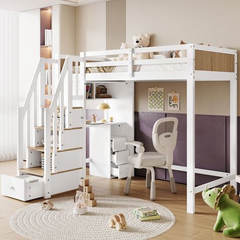 Etagenbett mit Schreibtisch, 3 Schubladen und Stauraum 90x200 OKMYHOME (1/5)