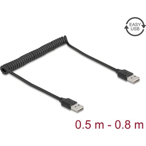 Delock Cable en espiral EASY-USB 2.0 Tipo-A macho a EASY-USB Tipo-A macho 0,5 m a 0,8 m negro