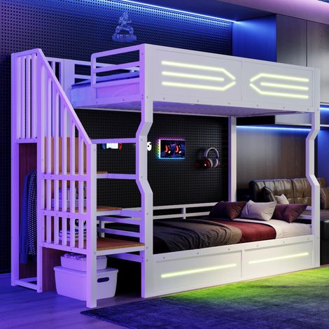 Lit en fer forgé 90 × 200cm, avec espace de rangement et petit escalier intégré, éclairage LED, barrière de sécurité haute, lit superposé, lit enfant, lit mezzanine, blanc, garantie 2 ans