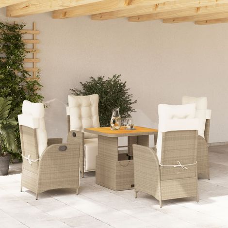 Ensemble à Manger 5 Pièces Jardin Terrasse Polyrotin Beige, Table Relevable 80x80cm, Chaises Inclinables avec Coussins Blanc Crème (1/5)