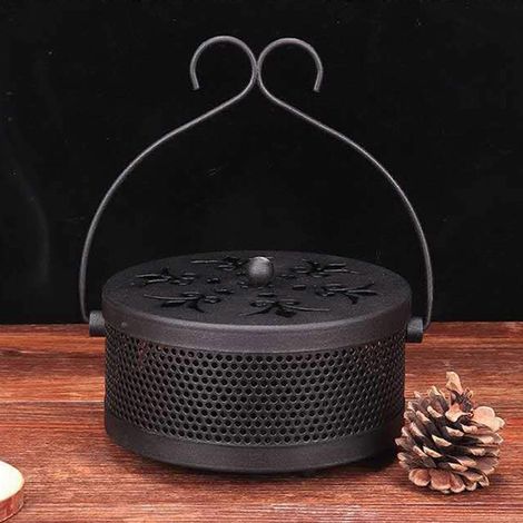 Brûleur d'encens rond en fer à suspendre contre les moustiques, avec poignée, pour la maison (noir) (1/4)