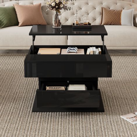 Table basse relevable 70x70x45 cm noire en panneau de particules avec plateau rotatif 360° et rangement caché (1/5)