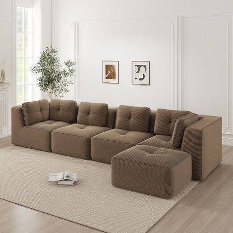 Modulares Wohnzimmersofa ohne Gestell, ein bequemes Viersitzer-Sofa mit tiefer Sitzfläche, weichen Kissen und Cordbezug, kein Aufbau erforderlich und mit rutschfestem Design,Braun
WL