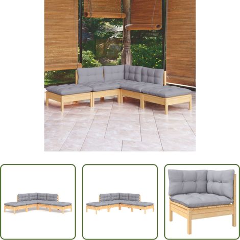 Holzsofa - 5-tlg. Garten-Lounge-Set mit Grauen Kissen Kiefernholz (1/5)