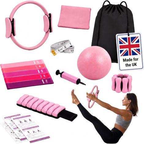 Relaxdays Pilates Set, 13-piece, Pilates ring, Pilates ball, 6 resistance bands, weight cuffs, home Pilates, pink