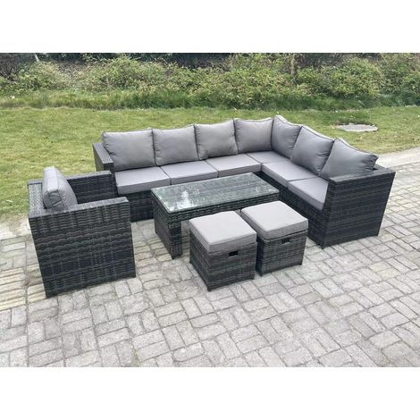 Fimous 9 Seater Rattan Corner Sofa Lounge Sofa Set With Rectangular Coffee Table 2 Stool Dark Grey Mixed Right Hand (1/5)