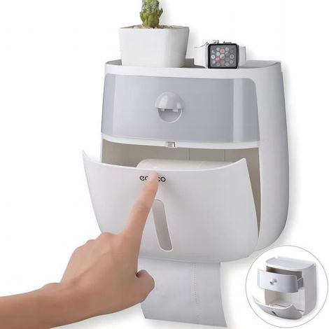 1 x Support porte-serviettes papier étanche, double étagère + distributeur rouleau adhésif + compartiment rangement, salle de bain et WC
