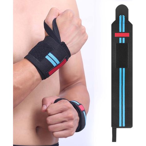 paire d'attelles de poignet respirantes, réglables et confortables pour le sport, la musculation et le fitness (noir et bleu). (1/5)