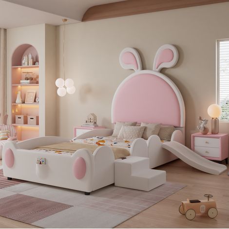 Lit enfant rembourré avec toboggan et petit escalier, tête de lit oreilles de lapin, PU blanc et rose, 90x200 cm (1/5)