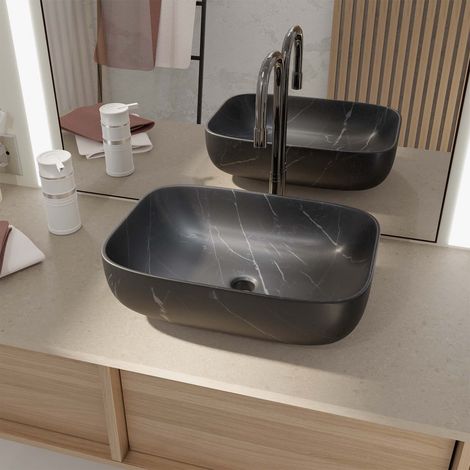 Lavabo da appoggio rettangolare in ceramica nera opaca effetto marmo 46x32x13.5 cm BLACK MARBLE