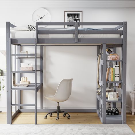 Lit mezzanine bois massif 140x200 cm gris, avec espace bureau, casiers et étagères intégrés, couchage double pour enfant et adolescent