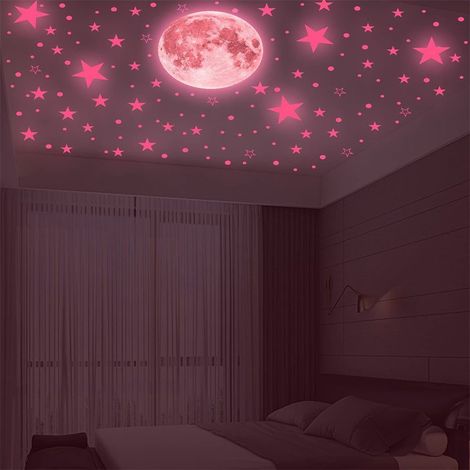 Lot d'autocollants muraux Lune Étoile phosphorescents, décoration plafond néon 3D (1/4)