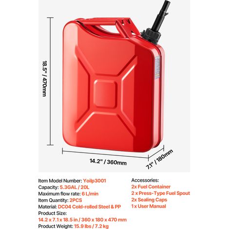 VEVOR Metal Fuel Container, 20 L, Fuel Jerry Can with Spout and Comfort Handle, 6 L/min Max Flow Rate, Leakproof & Corrosion-resistant Metal Gas Tank Most Cars Motorcycle ATV UTV, Red, 2 Packs (1/4)
