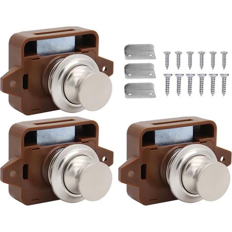 3 Pièces Bouton Poussoir Loquet, Bouton Poussoir Loquet Sans Clé, Bouton Poussoir Camping Car, pour Porte de Camping Car, Van, Caravane, Yacht Drawer Cabinet (Brun) (1/5)