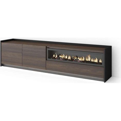 Mueble TV Mollina-02 de 207x50x37 cm con chimenea y luces LED, color roble oscuro y negro (1/4)